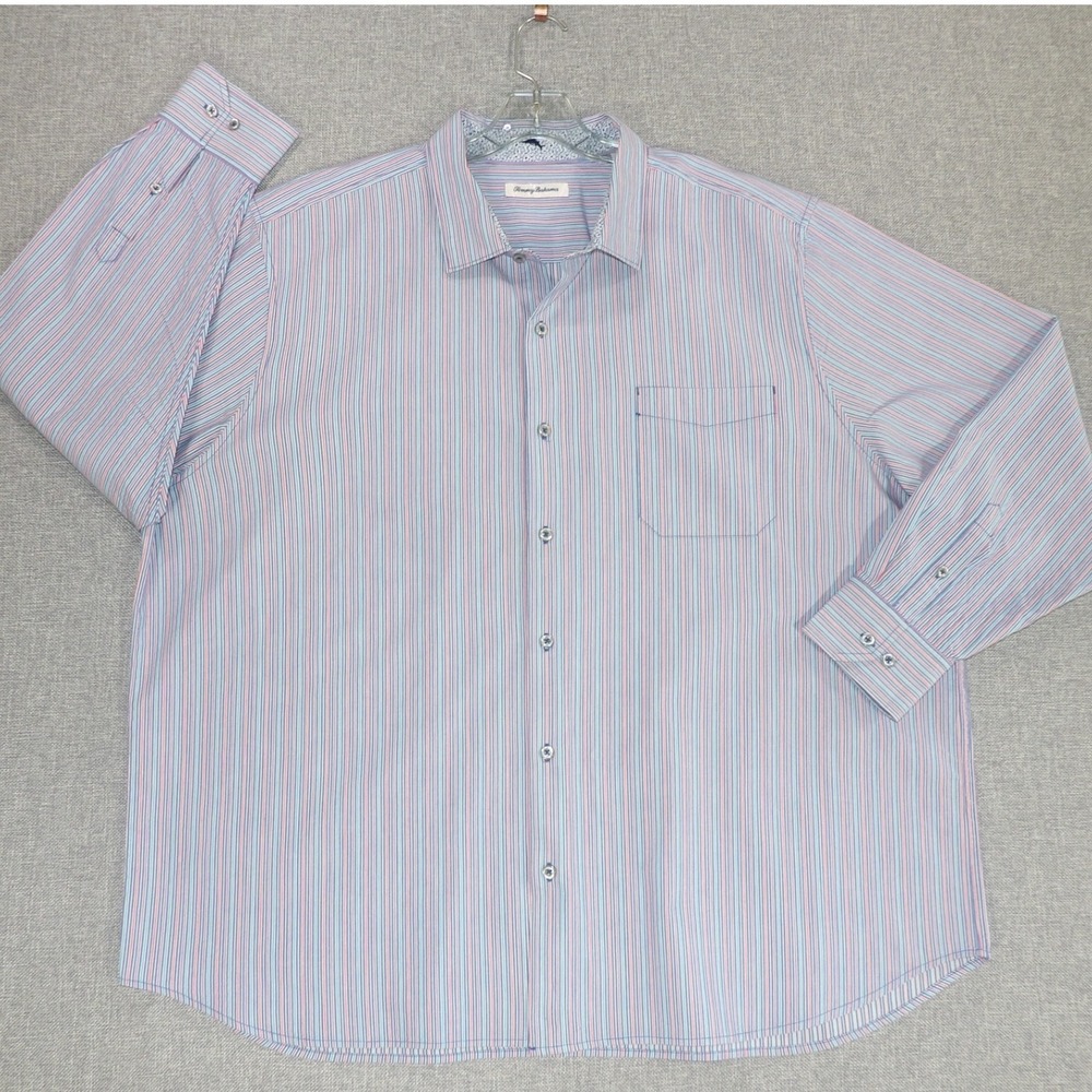 Tommy Bahama Shirt Button Down Mens XXXL Blue Pink Stripe Silk Blend Excellent